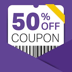 50% off coupon graphic coming out of purple envelope