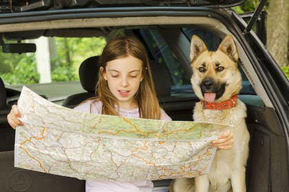 Girl reading map in car with dog
