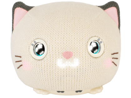 Knitted white cat head with robot eyes
